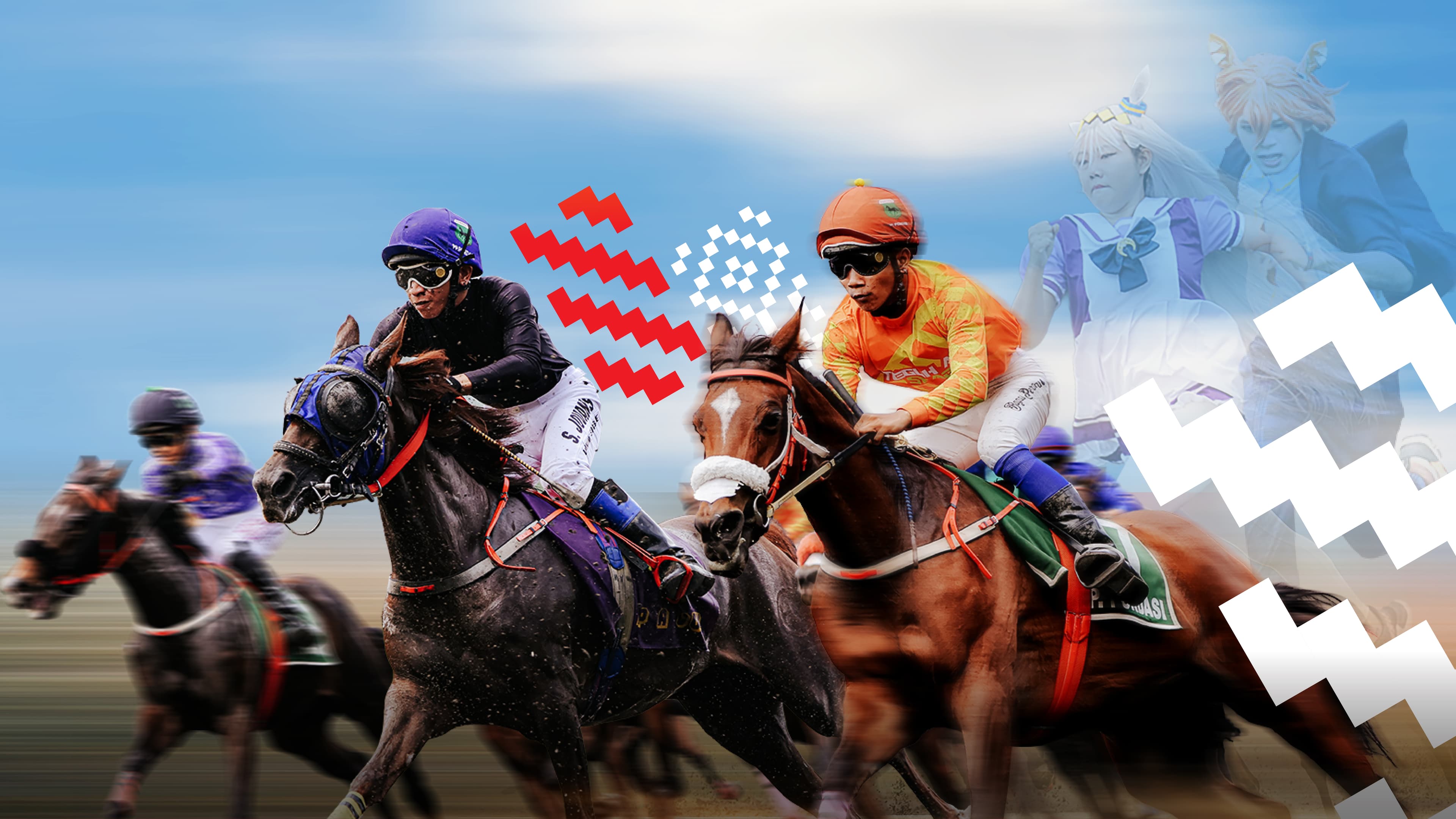 Horse racing action and an illuminated racecourse
