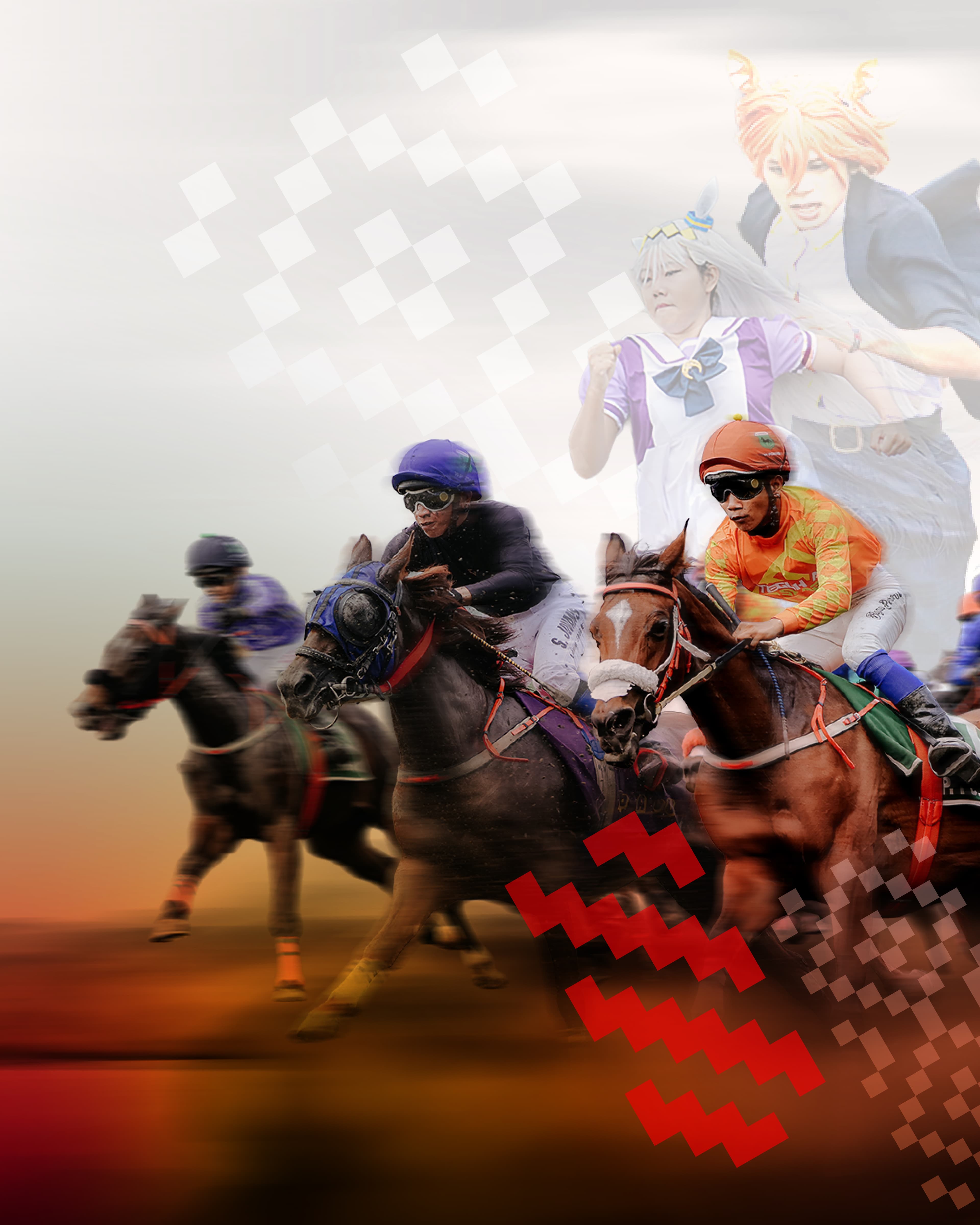 Horse racing action and an illuminated racecourse