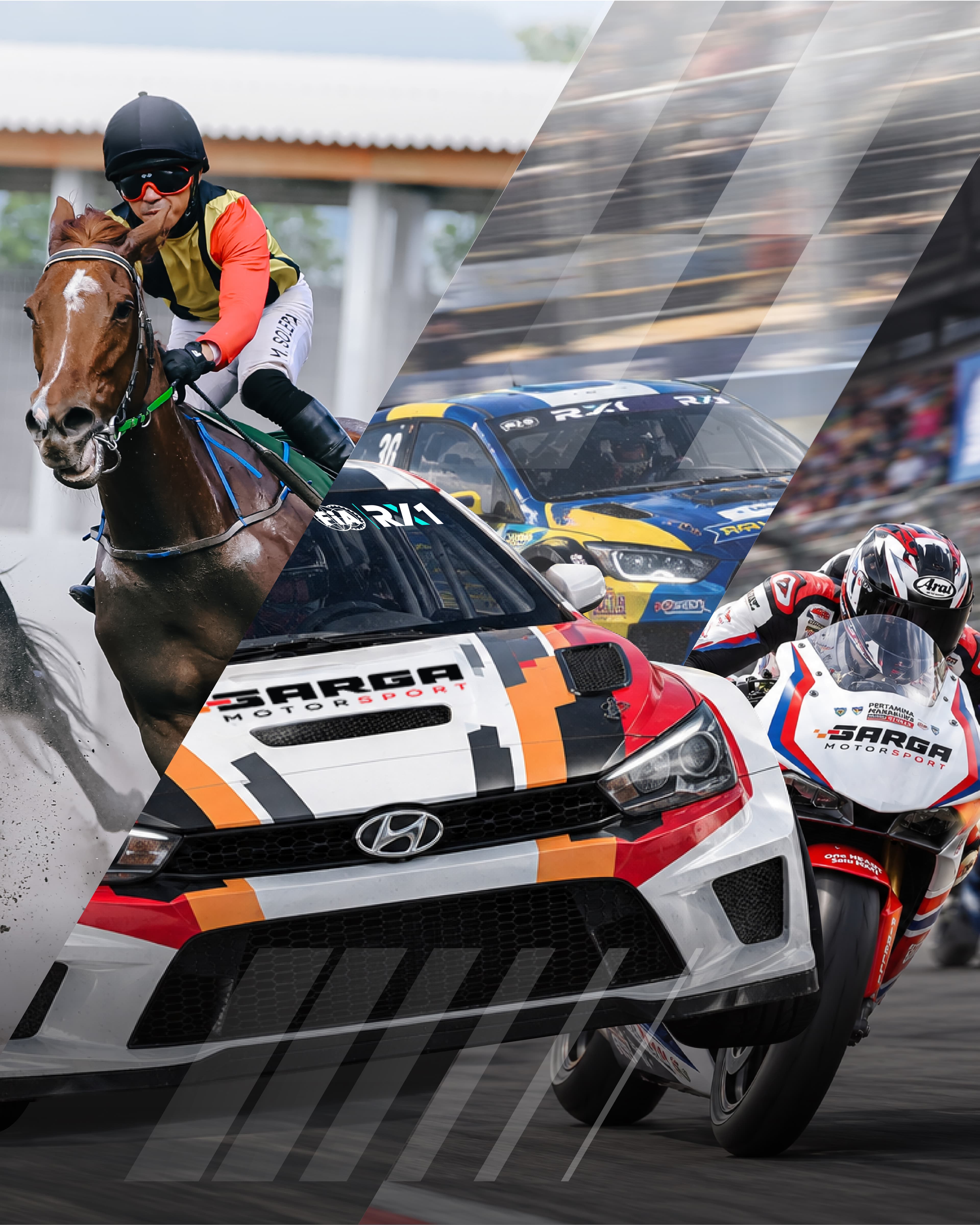 SARGA.CO horse sport, football, and motorsport campaign artwork